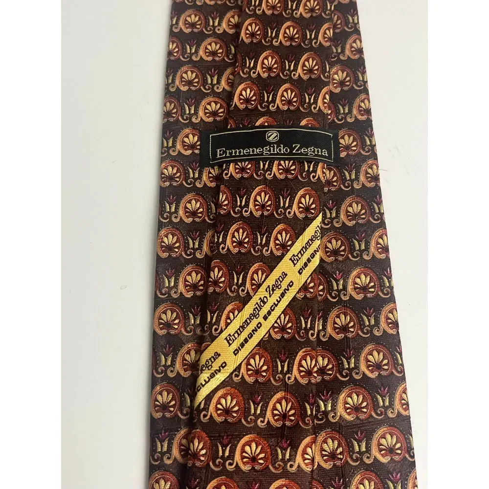 Ermenegildo Zenga Silk‎ Tie Brown Gold Floral Pattern Classic  Necktie Tie Italy